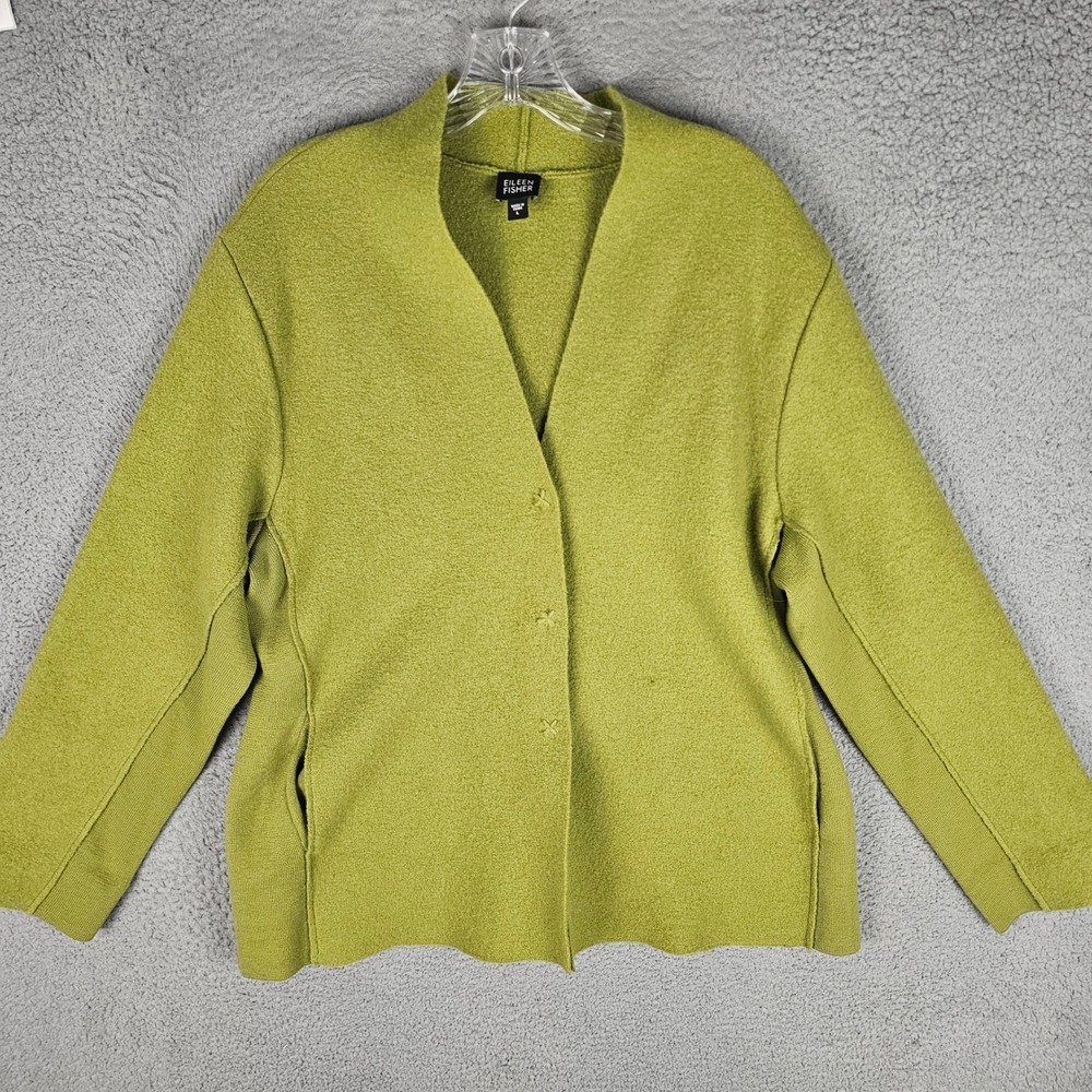 Eileen Fisher Cardigan Women L Green Boiled Wool Snap Front Ribbed Panel Jacket